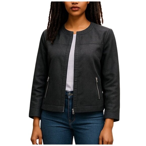 St. John Smokey Gray Denim Jacket Zipper Front and Zipper Pockets Womens Sz M - Picture 1 of 8